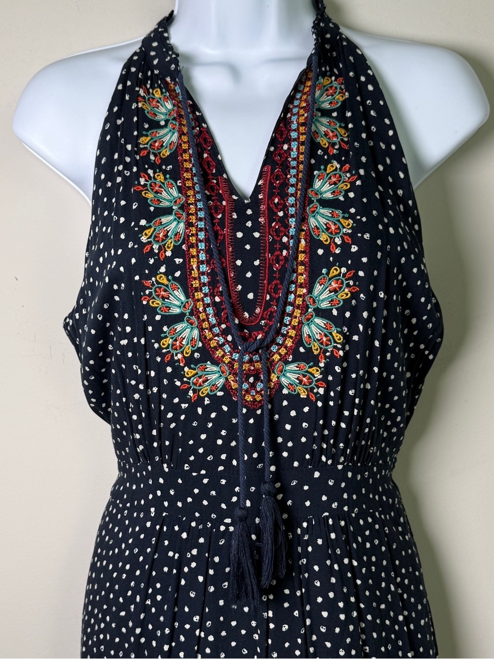 THML Boho Embroidered Halter Maxi Dress Navy Ditzy Dot Cottagecore Festival MP